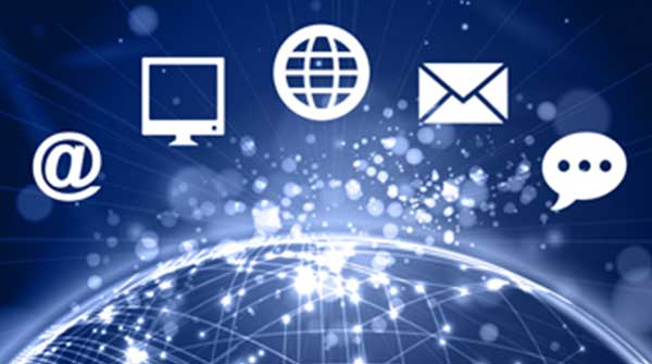 Icons float above Earth portraying connectivity of email, SMS, internet