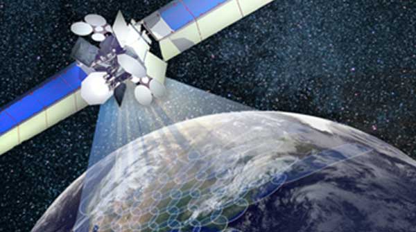 Artist rendering of satellite and spot beams cascading onto Earth below
