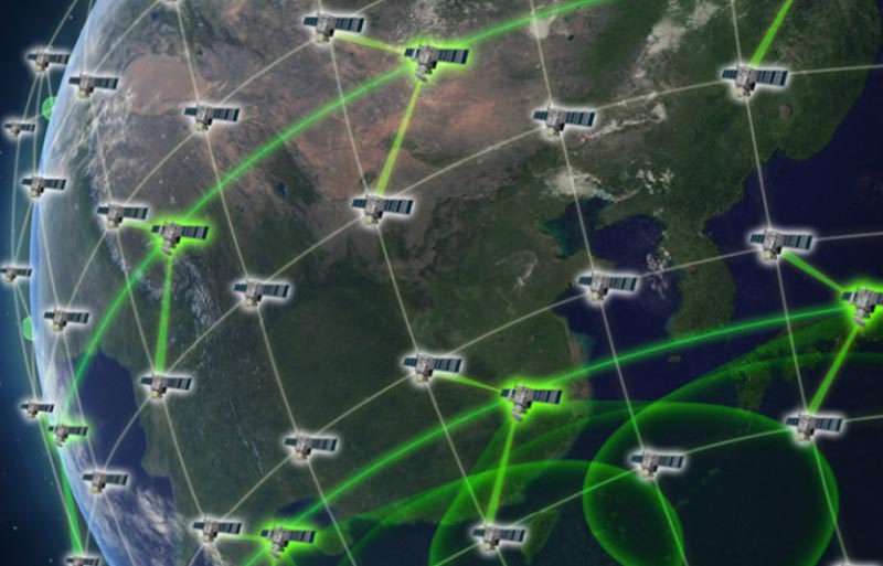 Artist rendering of many satellite orbiting earth showing inter-satellite links with DARPA satellites