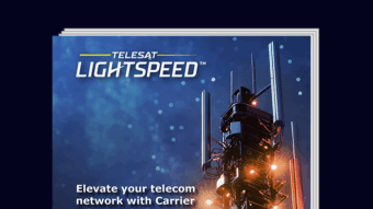 Telesat Lightspeed telecom brochure cover with image of a 5G wireless tower and the Telesat Lightspeed and Telesat logos