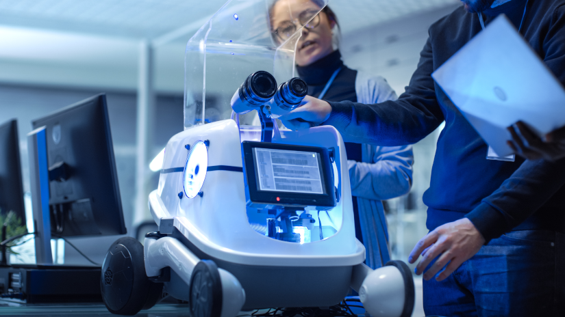 Close-up Shot of a Robot in a Modern Laboratory/ Research Center. Multi Ethnic Team of Male and Female Leading Scientists are Working with Robot.