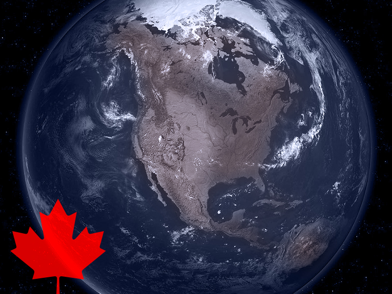 image of Earth with red maple leaf in bottom left corner of screen