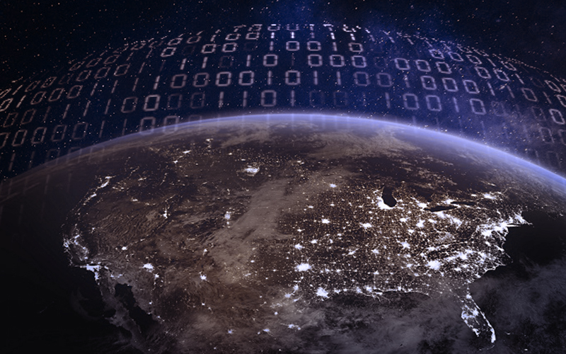 image of Earth from space with stylized 1s and 0s above it