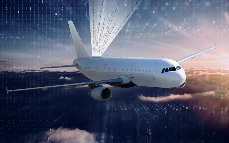 Jumbo jet flying with secure data simulated to & from plane in flight