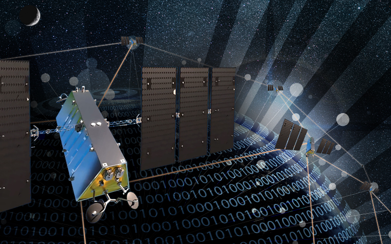 Artist rendering of Telesat Lightspeed satellite in space over a data streaming background