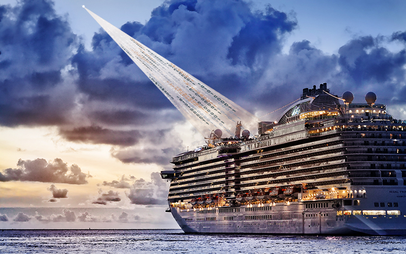 Cruise ship on ocean with beam of satellite connectivity to the ship