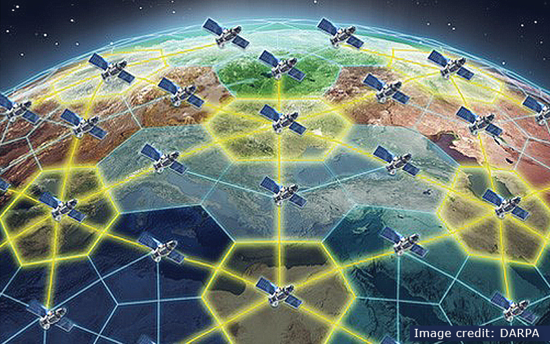 Image from DARPA depicting low earth satellites communicating above the Earth
