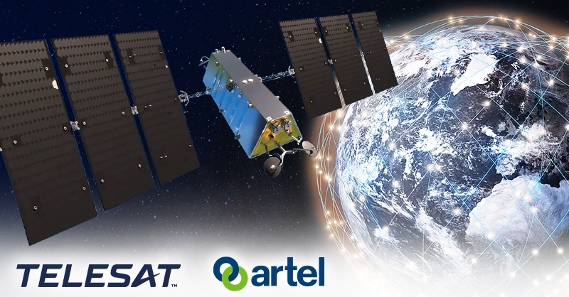 Telesat and Artel logos with artist rendering of LEO satellite over Earth in space