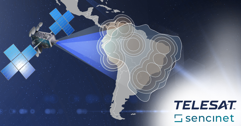 Telstar 19V satellite rendering over Brazil with satellite beams beaming down on earth