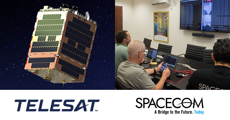 Telesat LEO Phase 1 satellite artist rendering with image of people working at Spacecom
