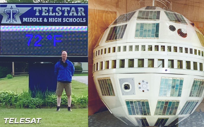 Matt Wuhr standing in front of Telstar High School sign located in Bethel Maine along with image of first Telstar satellite