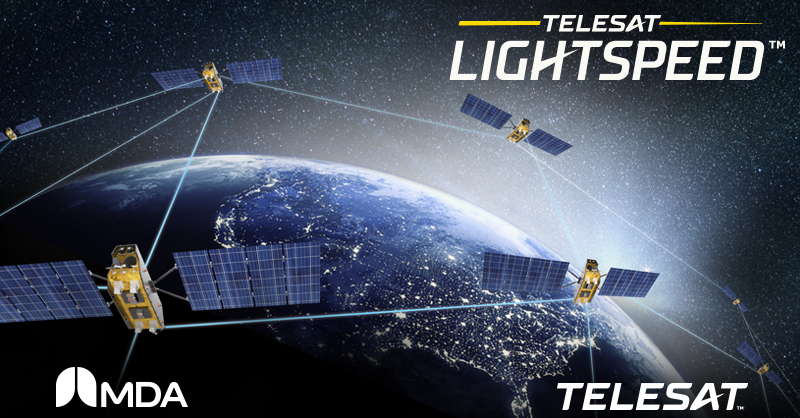 Telesat Lightspeed satellite with OISLs around Earth MDA logo, Telesat logo and Telesat Lightspeed logo