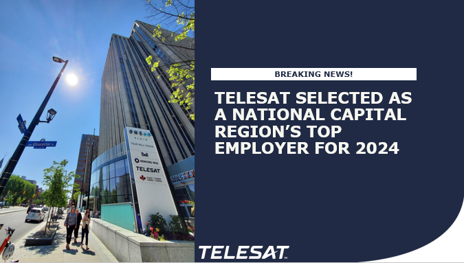 Telesat is selected as a NCR's top employer for 2024 with exterior image of Telesat building on Elgin Street in Ottawa