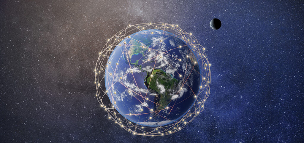 Image of Earth and orbital lines representing Telesat Lightspeed satellite orbits