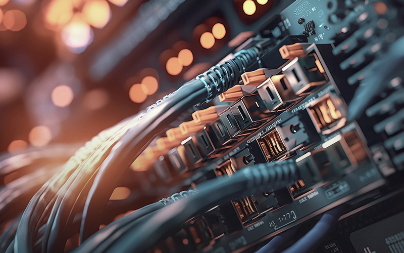 Close up of cables plugged into equipment ports in a network