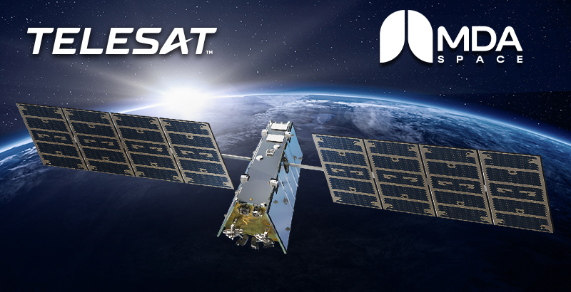 An image of a satellite floating in the space with Telesat and MDA logos on the top corners of the image.