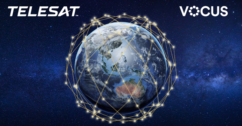 Image of Earth from space showing the land mass of Australia. Dots representing Telesat Lightspeed satellites form a mesh network around Earth. Telesat and Vocus company logos are at the top of the image