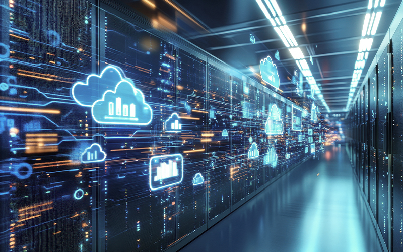A view of a data center with glowing data clouds floating around, set against a dark blue, high-tech background.