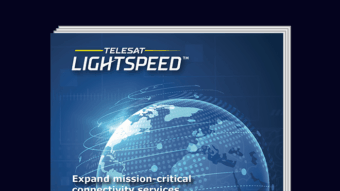 Brochure cover for Telesat Lightspeed Enterprise-class LEO services. Contains image of Earth from space, overlayed with network connections.