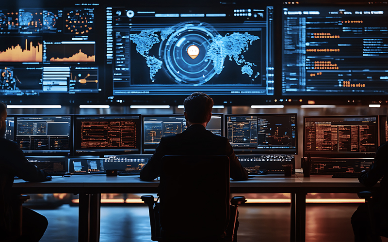 A soldier's silhouette stands against an abstract digital globe, symbolizing the future of military technology and global connectivity.