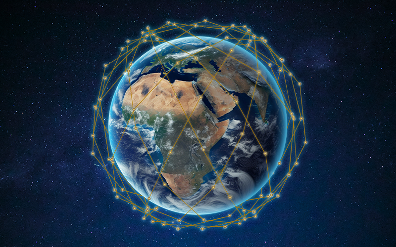 Planet Earth seen from space, showing the African continent, surrounded by glowing wires or network lines.