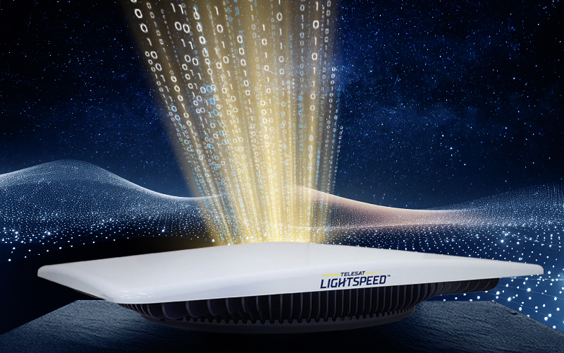 Flat antenna receiver emitting light rays into the sky against a blue futuristic background resembling a night mountain horizon.