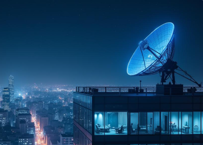 High rise building in a city with a satellite antenna pointing to the sky.