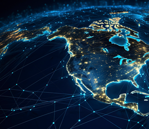 Image from Space of the Americas lit up at night. There is a web across the image representative of LEO satellites and connectivity.