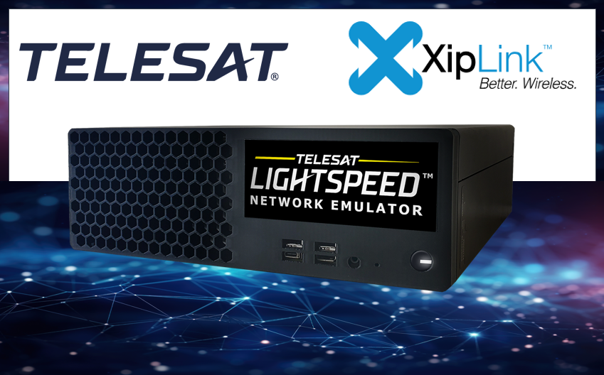 A black hardware device displaying "Telesat Lightspeed Network Emulator" on its front screen, positioned below the Telesat and XipLink logos against an abstract blue digital network background.