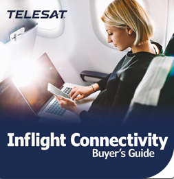 Cover of the Telesat Inflight Connectivity Buyer's Guide, featuring a passenger using a laptop and smartphone on an airplane.