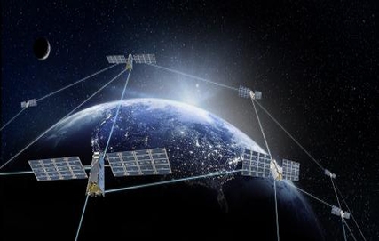 Illustration of a Telesat Lightspeed satellite constellation in low Earth orbit, with multiple satellites connected by optical links above Earth, representing next-generation global broadband communications