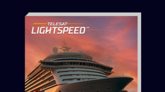 Telesat Lightspeed logo with image of the front of a cruise ship during sunrise