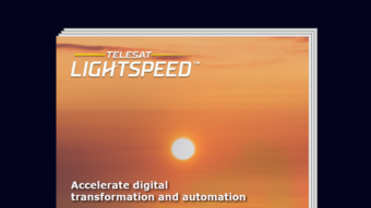 Telesat Lightspeed logo with maritime brochure cover, featuring a sunset and orange sky