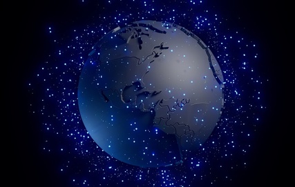 Stylized 3D globe surrounded by a constellation of glowing satellite points against a starry blue space background, representing global satellite network coverage