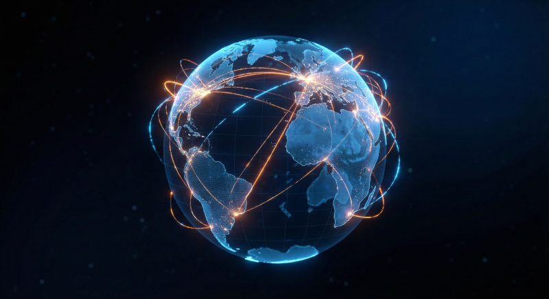 A digital illustration of Earth with glowing lines connecting regions across North America, Europe, Africa, and South America, symbolizing global communications and satellite connectivity.