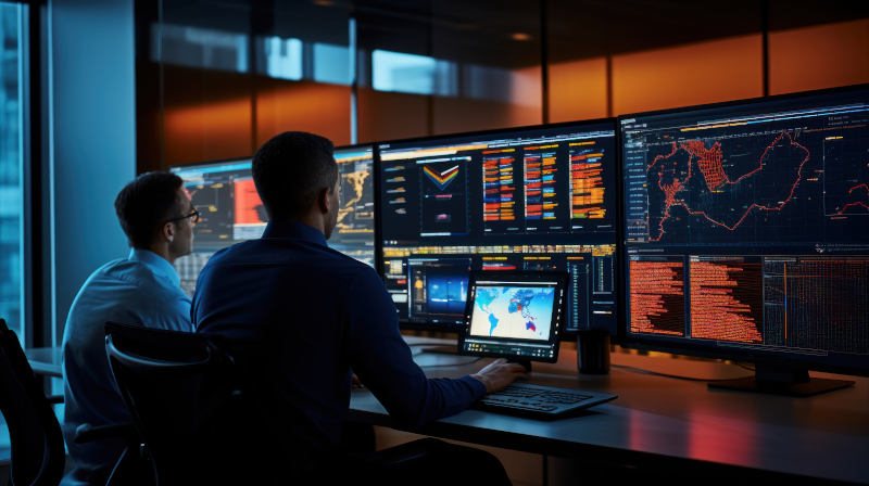 Two network operators monitor data, maps, and system activity across multiple screens in a network operations center.