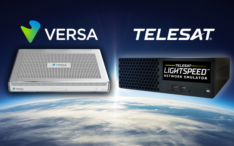 Versa networking appliance and Telesat Lightspeed Network Emulator displayed above Earth with Versa and Telesat logos.