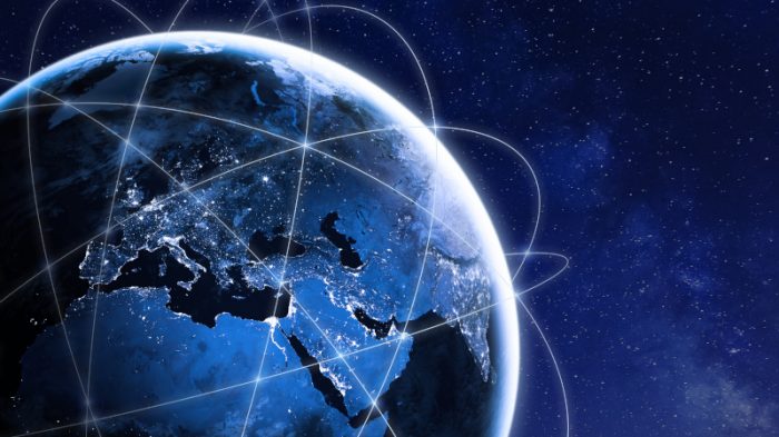 Digital view of Earth from space with glowing network connections linking Europe, Africa, and Asia, representing global connectivity, communications networks, and worldwide digital infrastructure.