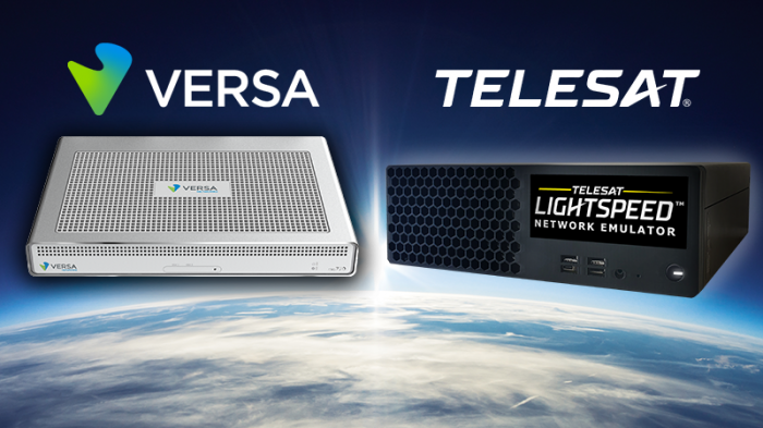 Versa networking appliance and Telesat Lightspeed Network Emulator displayed above Earth with Versa and Telesat logos.