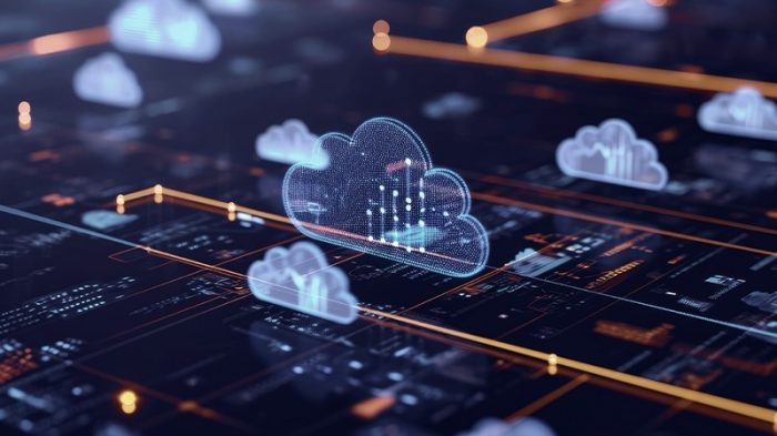 navy blue image of computer motherboard with cloud imagery floating