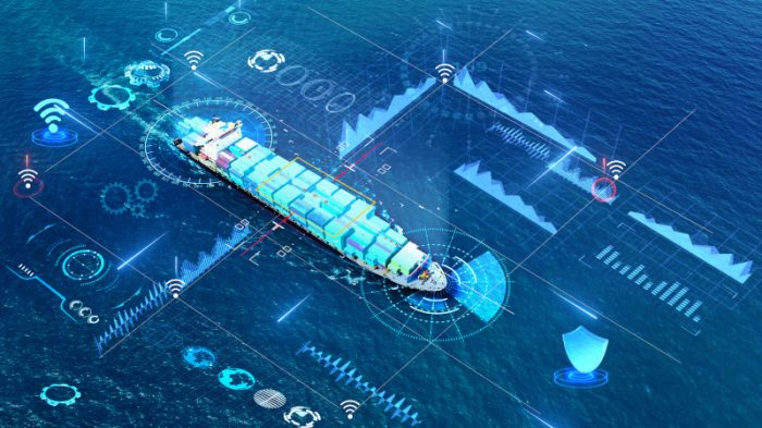 A ship sailing on open water, encircled by glowing digital connection lines and network nodes, set against a futuristic blue-toned background that suggests advanced technology and global connectivity.
