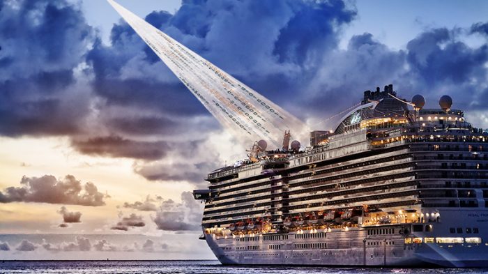 Cruise ship on ocean with beam of satellite connectivity to the ship