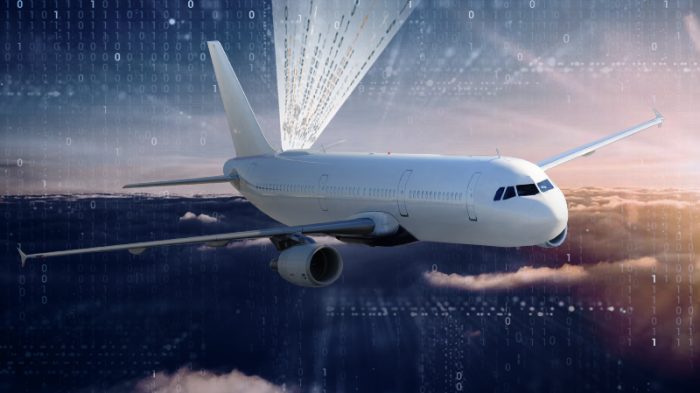 Jumbo jet flying with secure data simulated to & from plane in flight