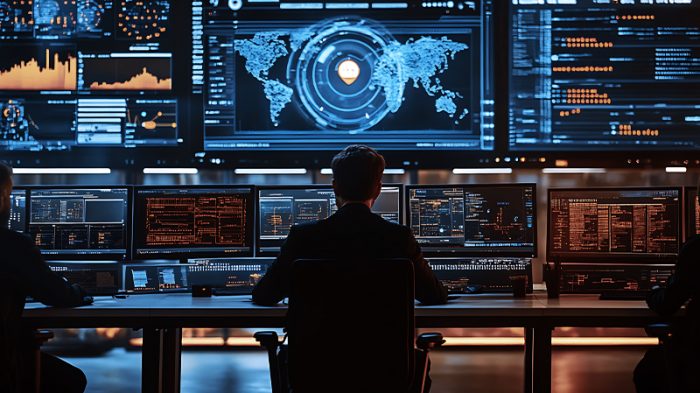 A soldier's silhouette stands against an abstract digital globe, symbolizing the future of military technology and global connectivity.