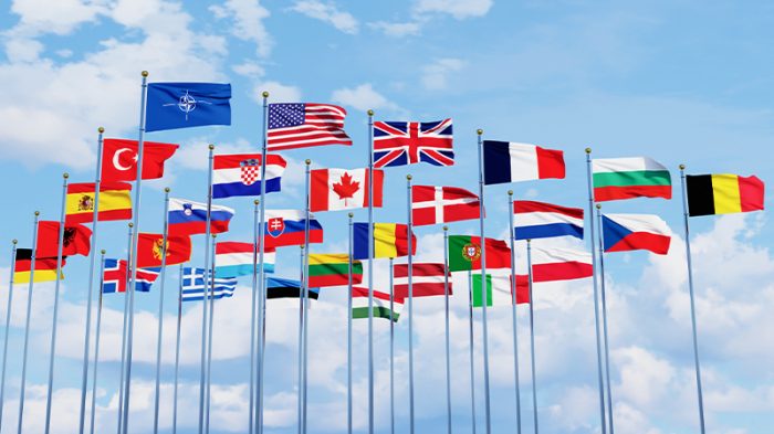A vibrant row of national flags from various countries fluttering in the wind against a clear blue sky, symbolizing international unity and diversity.