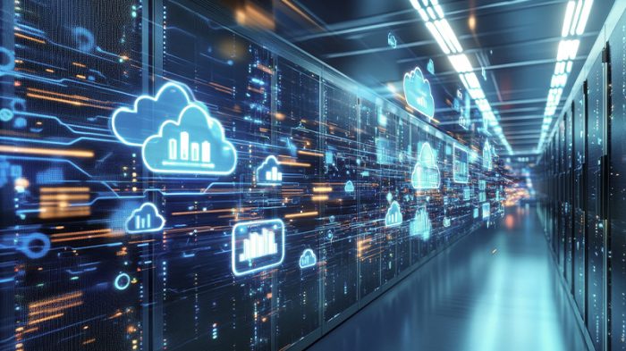 A view of a data center with glowing data clouds floating around, set against a dark blue, high-tech background.