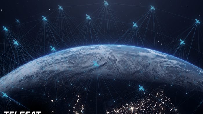 Image of the Earth from space with many low earth orbit satellites overhead