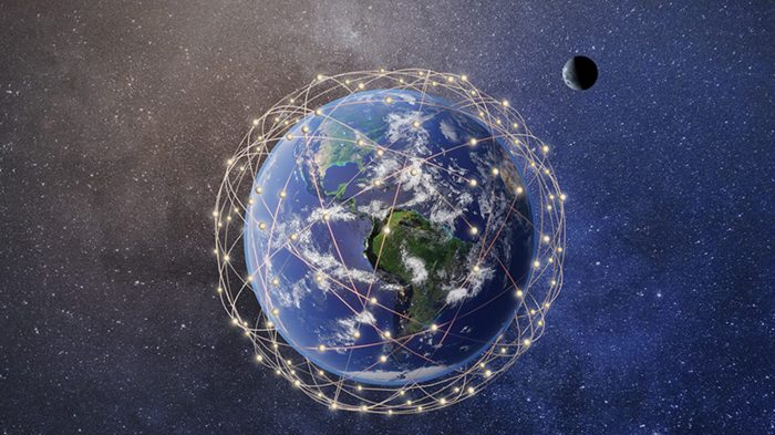 Image of Earth and orbital lines representing Telesat Lightspeed satellite orbits