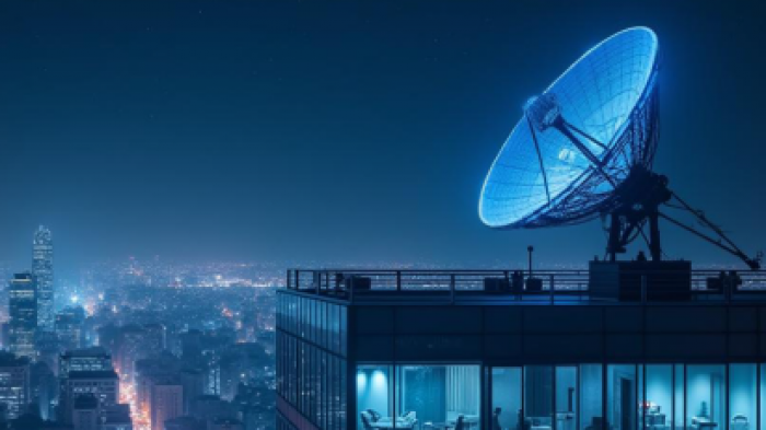 High rise building in a city with a satellite antenna pointing to the sky.