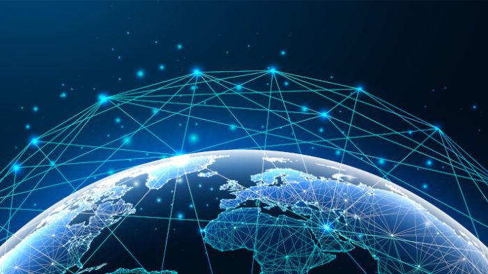 Futuristic global network concept with glowing planet earth map and connection lines on dark blue